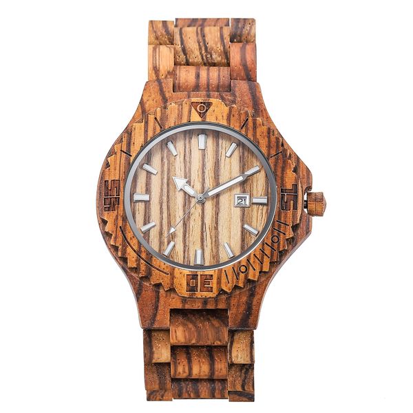 

wristwatches brown wooden men watch dial calendar display folding clasp full wood strap fashion quartz male clock, Slivery;black