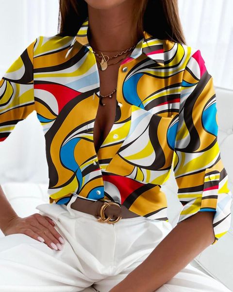 

shirts casual new long sleeve lapel slim women fashion commute chic clothes blusas office ladies multicolor printed blouses shirts, White