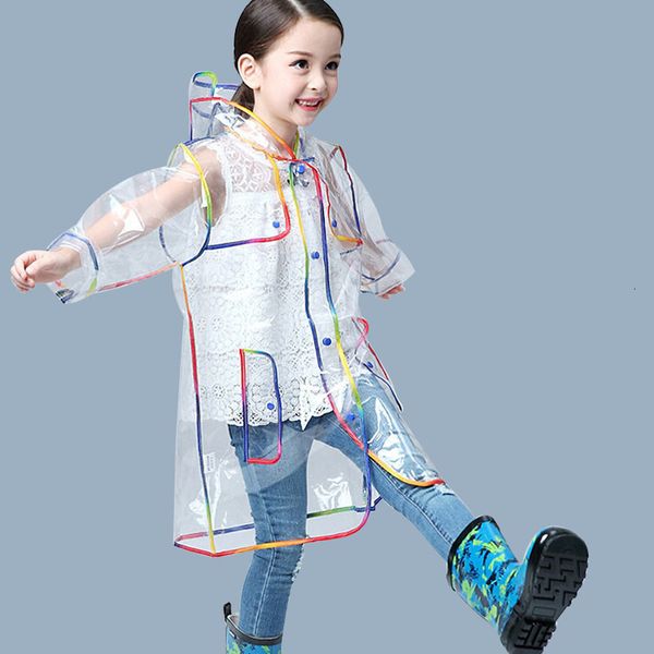 

rain gear transparent rainbow edge kids raincoat waterproof eva children rain coat windproof rain jacket poncho hat kindergarden rain gear 2, Red;brown