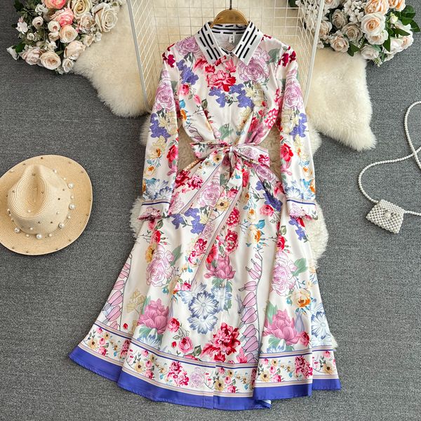 

light luxury dress long sleeved lapel waistband single breasted a-line printed shirt dress elegant long skirt, Black;gray