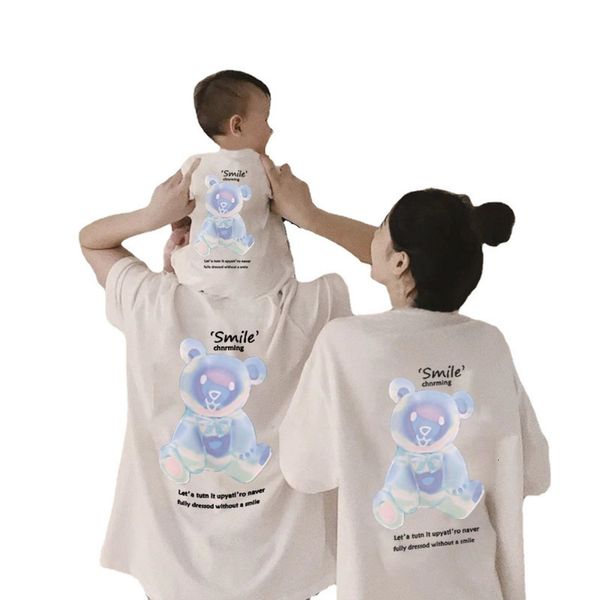 

family matching outfits cute bear parent child wear a family of three summer cartoon mom and dad baby boy girl kids t shirt matching outfits, Blue