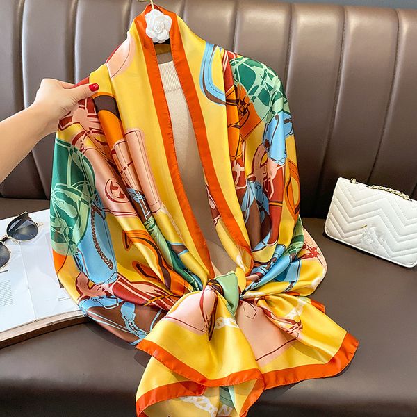 

brand designer silk scarf female foulard bandana long shawls wraps winter neck scarves pashmina lady hijab multicolor 90x180cm, Blue;gray