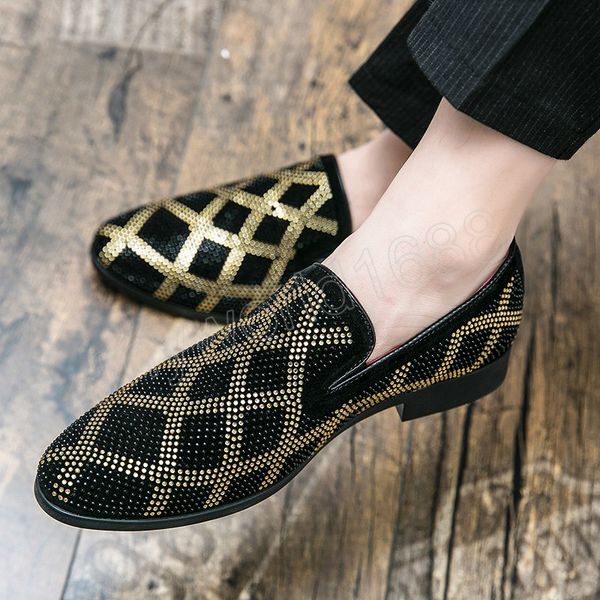 

luxury men rhinestone dress shoes glitter men loafers slip on men oxfords shoes elegant party wedding shoes zapatos de hombre, Black