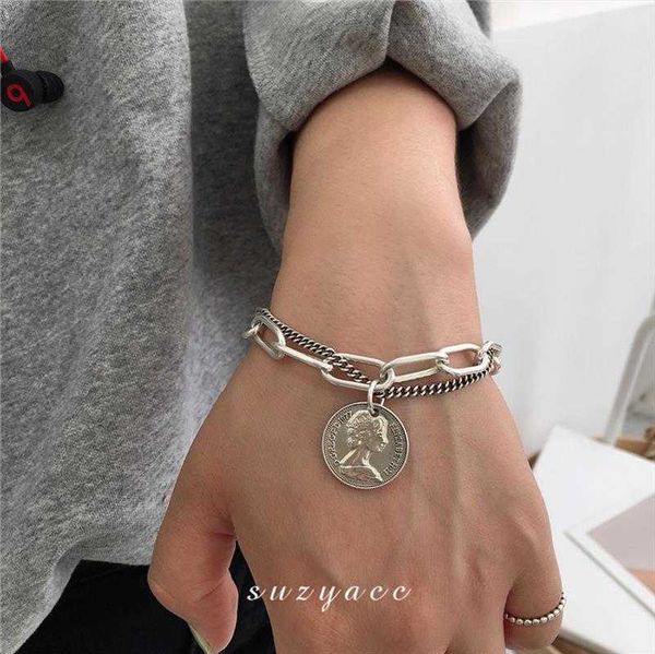 

53017 double layer personality ot chains buckle portrait round pendant bracelet vintage simple chain, Black