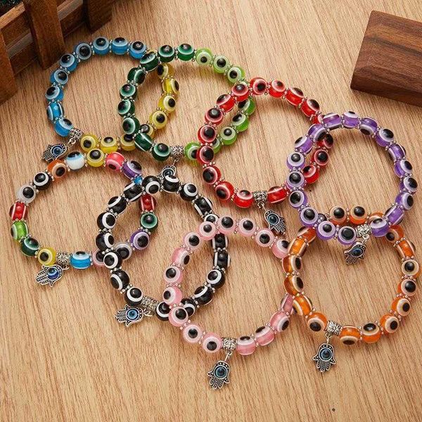 

palm hollow blue eyes strand beaded pendant elastic bracelet couples jewelry, Black