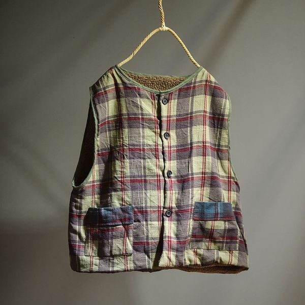 

women's vests women loose fleece vest ladies vintage cotton sleeveless waistcoat female autumn spring plaid vests 230511, Black;white