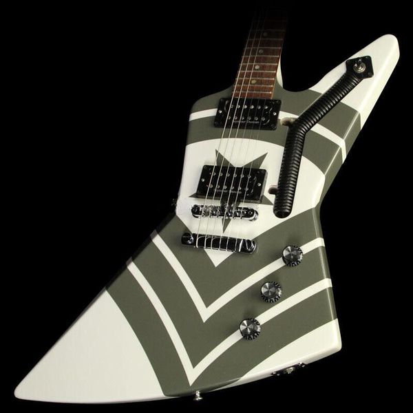 

arctic white electric guitar with green stripe, customized extended profile,