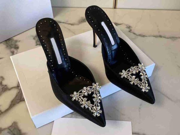 

realfine slippers 5a 5728280 mb 9.5cm high heel satin crystal embellished mules flats heels slipper sandals for women size 34-43 with shoes, Black