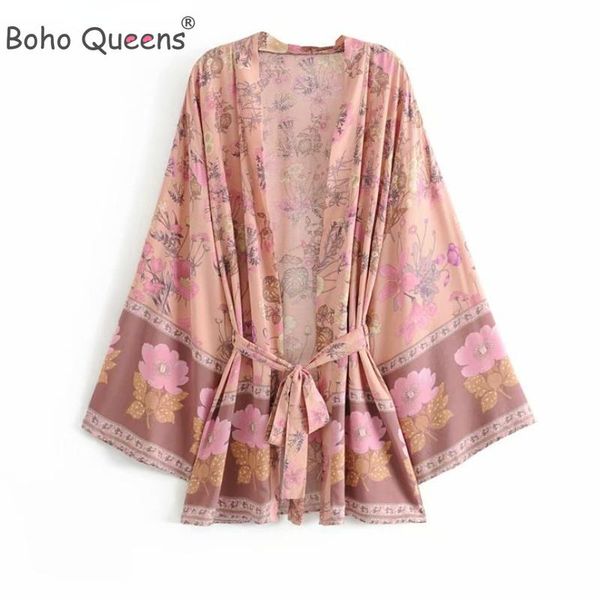 

swimwear boho queens women floral print sashes bat sleeve beach bohemian kimono dresses ladies v neck summer bikini coverups, White;black