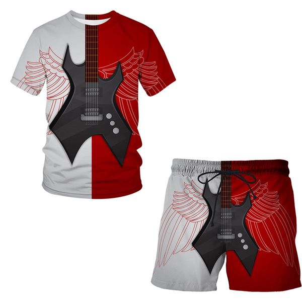 

3d printed men's instrument guitar t-shirt shorts set men's sportswear track and field wear o-neck short sleeved men's clothi, White;black