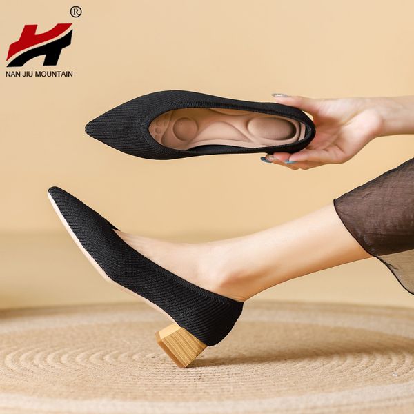 

dress shoes high heel women pointed toe single shoes solid color knitting weave shoes square heel latex insole spring autumn woman 230511, Black
