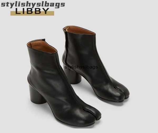 

boots 2022 brand design tabi boots split toe chunky high heel women boots leather zapatos mujer fashion autumn women shoes botas 09904876, Black