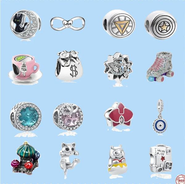 

925 silver beads charms fit pandora charm dangle cup cat charms bead women, Black