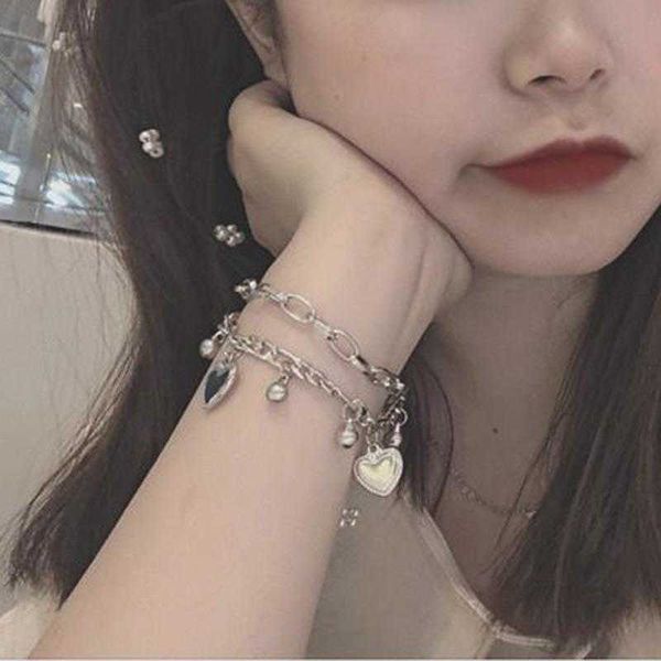 

big brand ornament personality charm girl dark ins style double layer peach heart pendant bracelet, Golden;silver