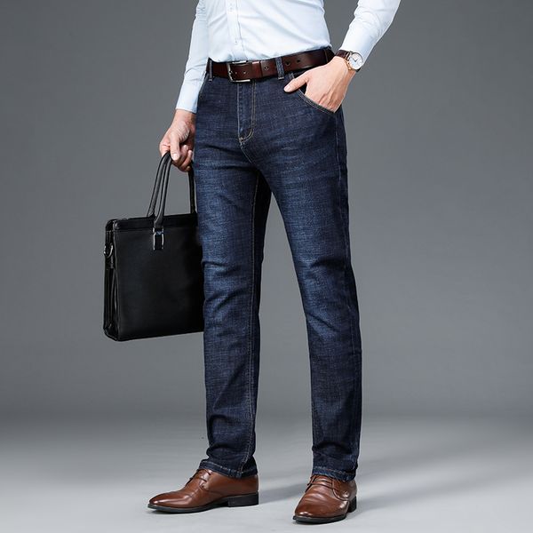 

mens jeans summer spring classic relaxed fit flex jean men high waist business casual classic black blue denim trousers 230511