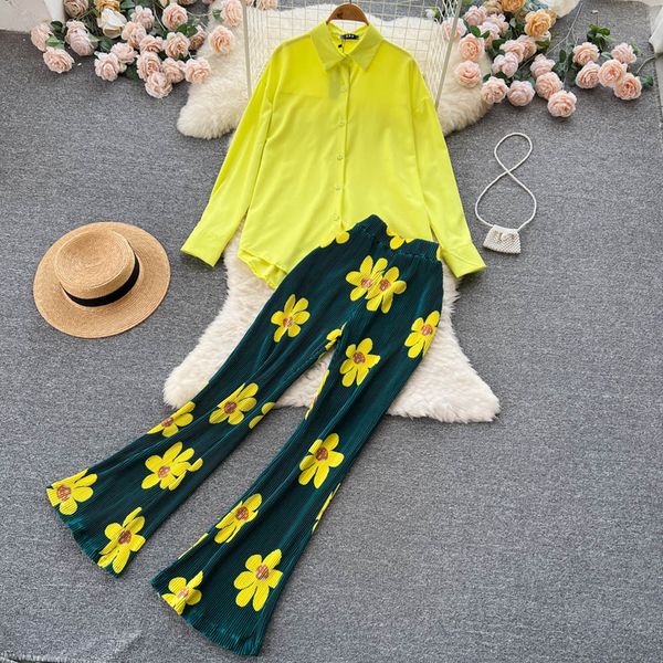 

women's two piece pants elegant flower print pleated pants set women fall long sleeve shirt flare trousers suit loose shirts two piece, White