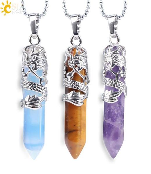 

12 colors natural stone pendant necklaces for men women tribal totem dragon hexagon bullet crystal opal tiger eye fashion jewelry4632145, Silver