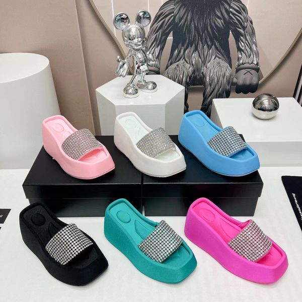 

new plaatform slippers women crystal high heel platform bling outdoor female footwear women slides fluffy fleece slippers, Black