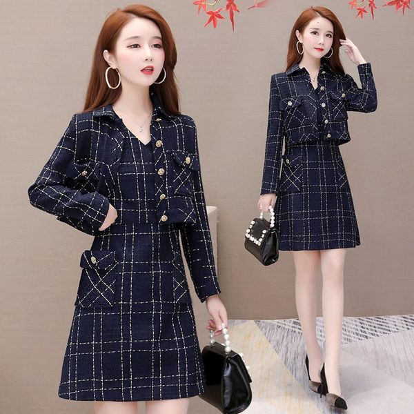 

two piece dress spring autumn set jacket small wind suit skirt two-piece women's gold tweed short coat dress female outfit trend 230512, White