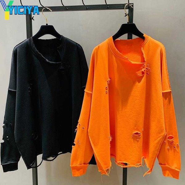 

yiciya autumn clothes women long sleeve hoodies aesthetic oversized sweatshirt ripped pullover streetwear harajuku female, Black