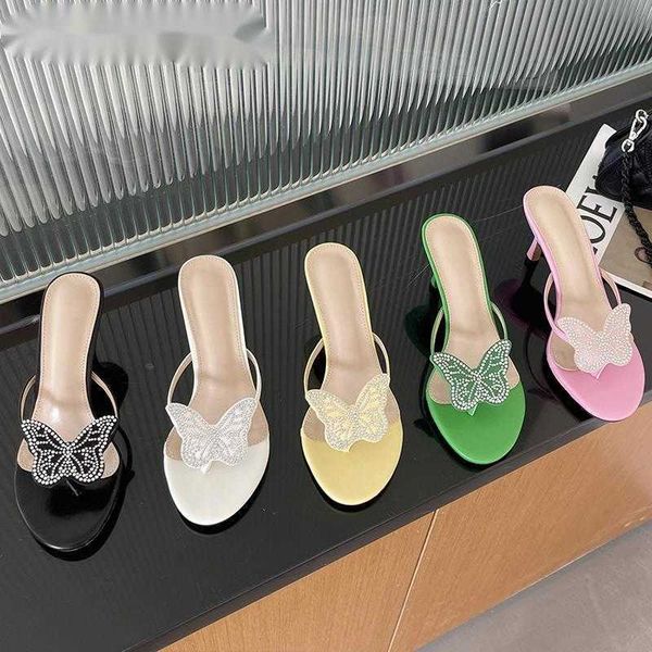 

slippers new in rhinestones pumps woman slides summer fashion butterfly-knot ladies high heels sandals female shoes flip flops 230511, Black