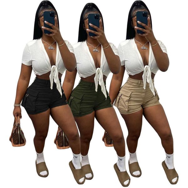 

ins fashion shorts women 2023 summer streetwear pants pat straight barrel high waist solid color cargo shorts, White;black