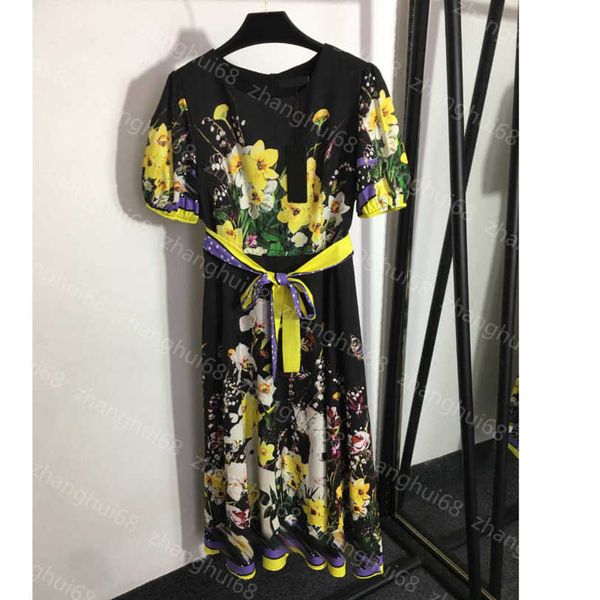 

23ss summer dress womens designer clothing women dresses temperament flower print lace-up waist closed short sleeved dress womens clothing a, Black;gray