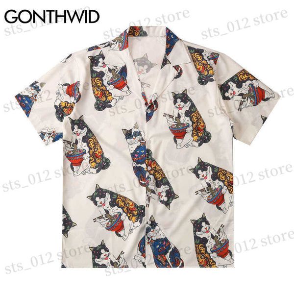 

men's casual shirts gonthwid hawaiian beach shirts harajuku japanese tattoo cat print shirt streetwear fashion hip hop tropical short s, White;black