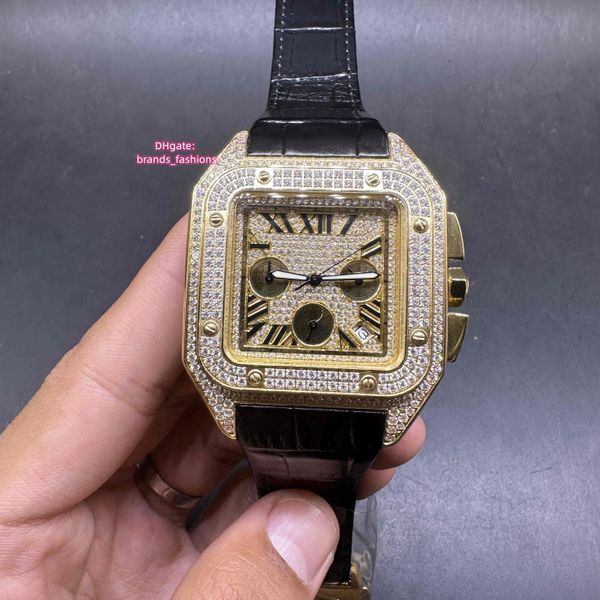 

man's iced out diamond watch gold case 43.5mm black leather strap all sub-dials work quartz movement full works satch, Slivery;brown