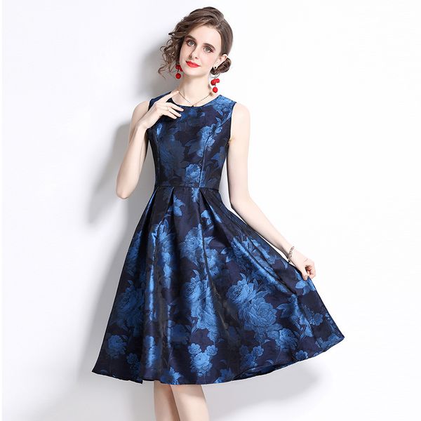 

sleeveless floral blue vest dress summer women designer 2023 o-neck slim jacquard midi dresses for birthday holiday ballgown, Black;gray
