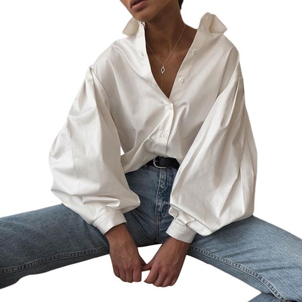 

women's blouses shirts women solid color blouses lapel neck lantern sleeve buttons shirts spring fall daily wear 230512, White