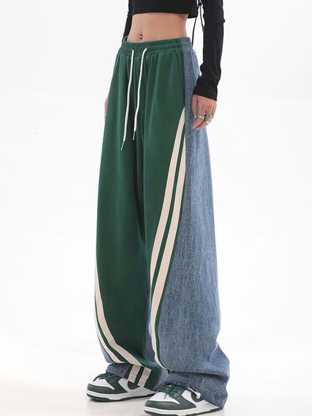 

womens jeans women autumn winter high waist contrast color drawstring tie up sweatpants street wide leg straight cylinder lady trousers 2305, Blue