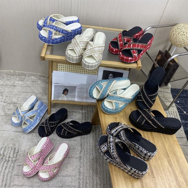 

designer women slippers embroidered fabric slides summer wedge heel mules fashion fabric cross strap sandals ladies slides, Black