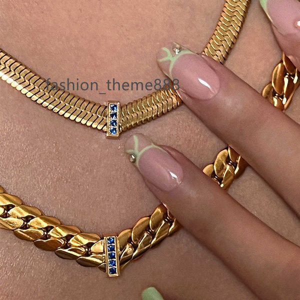 

ins gold plated tarnish stainless steel cnc blue zircon inlaid 7.5mm blade chain v necklace beach wave jewelry, Silver