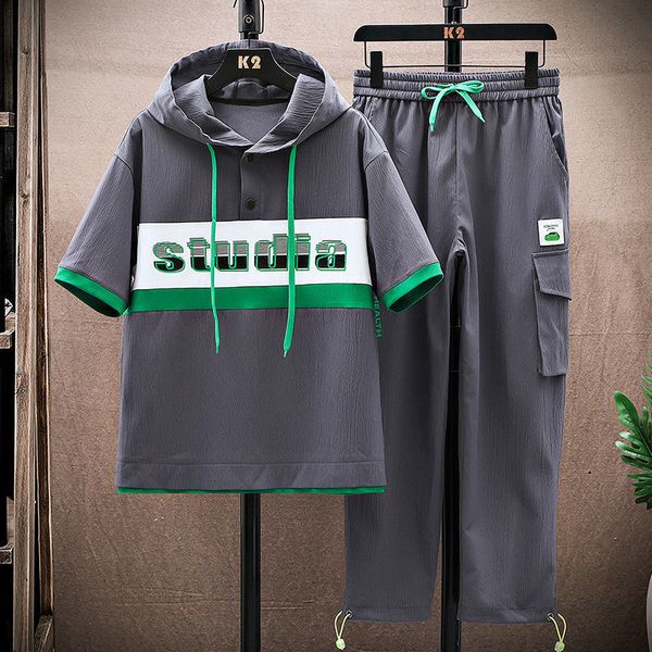 

mens tracksuits summer mens fashion leisure cotton suit mens leisure loose comfortable highquality large size twopiece set m3xl 230511, Gray