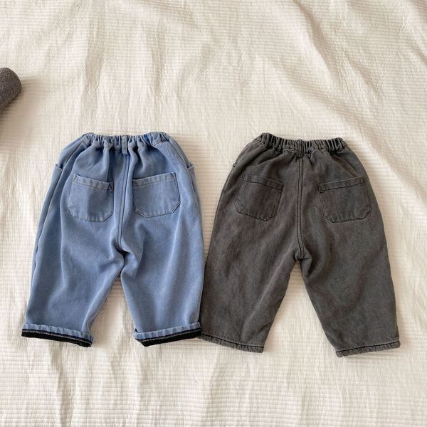 

jeans autumn winter children plus fleece thicken jeans girl baby loose pure color pocket denim pants boy kid retro trousers 230512, Blue