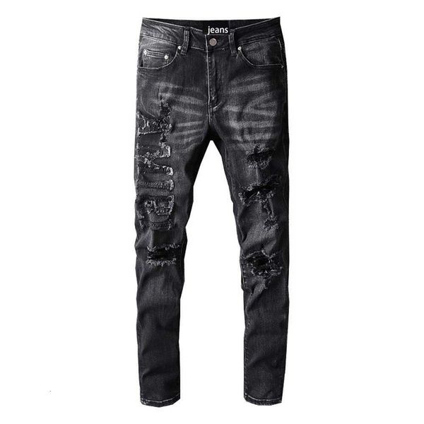 

2023new desigenr high street fashion brand jeans men's personality hole breaking trend frayed splicing slim leggings iii9, Blue