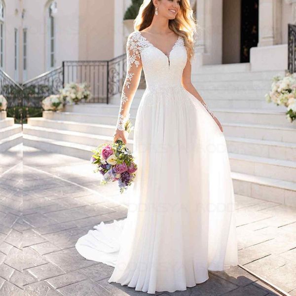 

boho beach wedding dress v neck long sleeves chiffon open back white lace applique bridal gowns vestidos de novia custom made