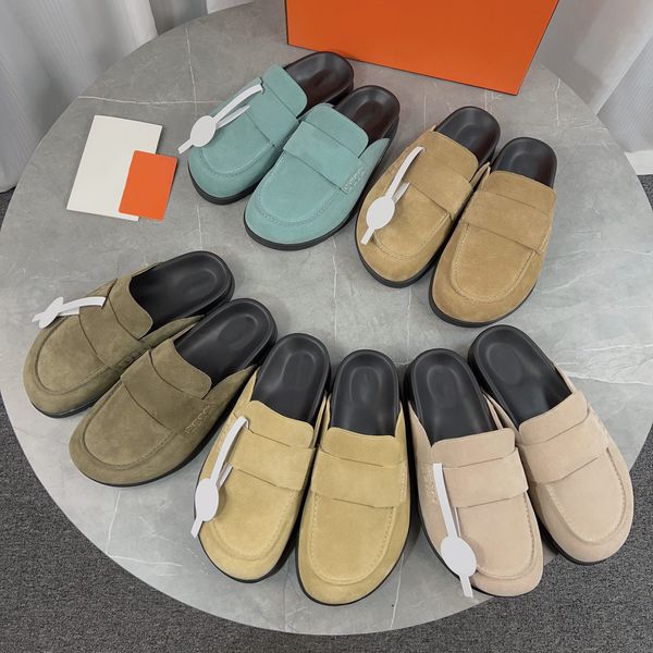 

designer women slippers go mules rubber flat sandals thick bottom suede mule classic boston clogs wrapped toe genuine leather sandal summer, Black