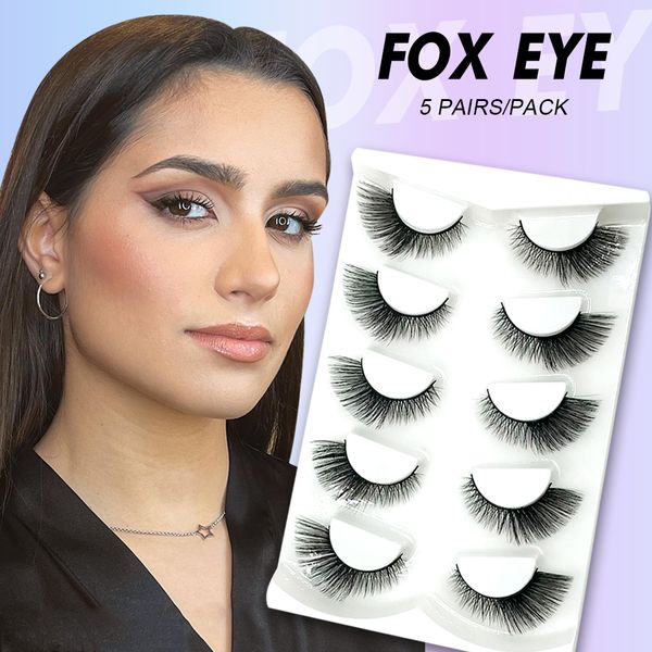 

5 pairs soft cat eye faux mink eyelashes extension natural long full strip winged end eye elongated fox eye false lashes makeup wss