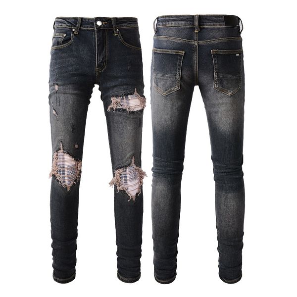 

casual men's jeans with torn holes, split bicycle pants, slim fitting motorcycle jeans, men's fashion designer jeans, Blue