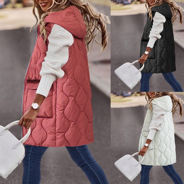 

leather winter warm medium length vestes women's sleeveless hooded vests coat ladies loose pockets casual zipper jacket waistcoat femal, Black