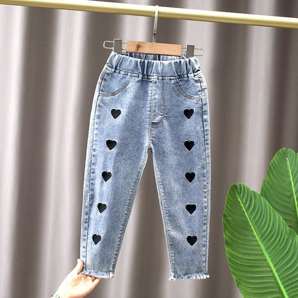 

jeans spring kids girl's clothes baby elastic band straight-leg love jeans pants for girls' baby clothing outer wear denim trouser, Blue