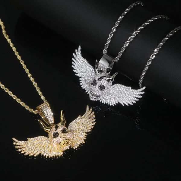 

iced out bling wing skull pendant necklace bling cz cubic zirconia paved punk charm men women hip hop jewelry, Silver