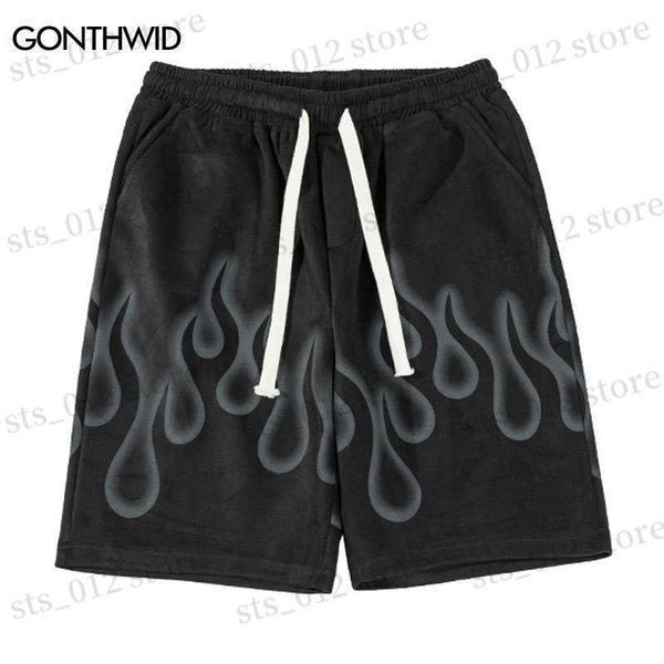 

shorts men men's suede shorts streetwear y2k hip hop fire flame print casual baggy jogger shorts 2023 summer fashion loose sweatpants t, White;black
