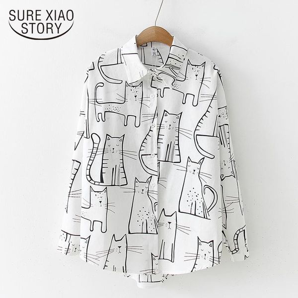

shirts autumn 2023 vintage fashion women long sleeve shirts cute cat print shirt female loose casual blosues girl ladies 6828 50, White