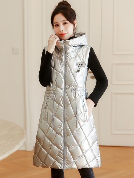 

leather 2022 women winer vest bright shiny fabric fashion female long waistcoat solid slim elegant ladies sleeveless jacket, Black