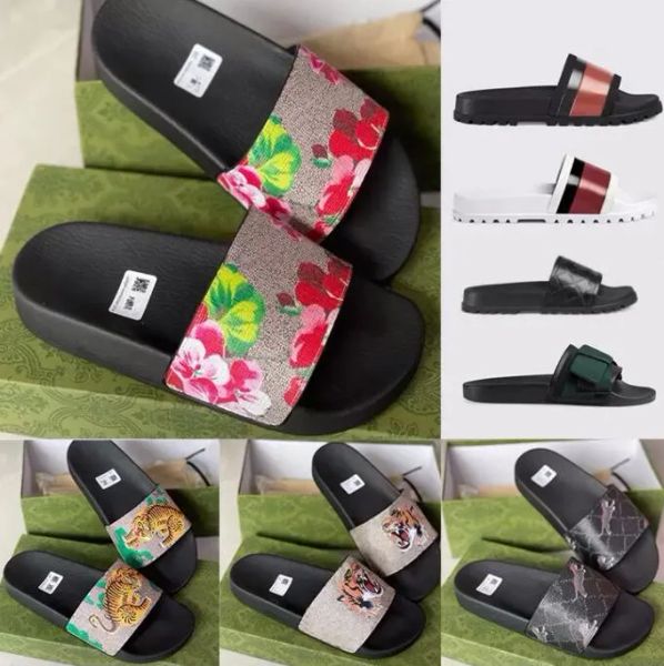 

designer men rubber slides slippers designer flip flops women sandal tiger floral brocade flat slipper striped bee original sandals summ kof, Black