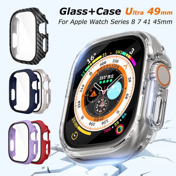 

carbon fiber tempered glass case for apple watch ultra 49mm 41 45mm 42 44mm waterproof transparent cover for iwatch 8 7 6 5 4 se