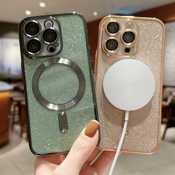 

luxury electroplate magsafe wireless charge phone case for iphone 14 13 12 11 pro max plus soft bumper glitter cover